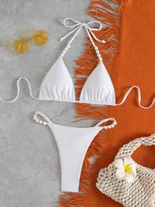 SHEIN Swim 女士纯色吊带胸罩 + 内裤比基尼套装泳装套装，简约时尚，适合日常休闲穿着，适合夏季海滩度假