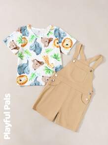 SHEIN Young Boy Animal Print Short Sleeve Top And Bib Shorts Set - Khaki - View 3