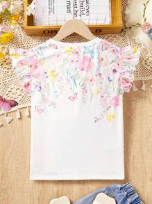 SHEIN Atasan Rajut Leher Bulat Lengan Pendek Motif Bunga Kecil untuk Anak Perempuan Remaja - Berwarna merah muda - View 3