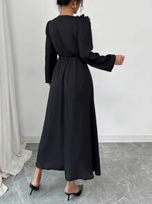 Elenzga Casual Romantic Boho Style Textured Ruffle Trim Women Long Sleeve Midi Dress, Chiffon Fabric' Fall Cloth For Women - Black - View 2