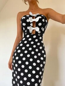 Chiquease Frauen Schwarz & Weiß Polka Punkt Trägerkleid mit Schlaufe, Ausschnitt und Schlitz, Frühling/Sommer - Schwarz - Übersicht 3