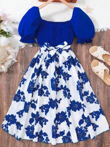 SHEIN Teen Girls Floral Print Puff Sleeve Shirred Dress - Blue and White - View 1