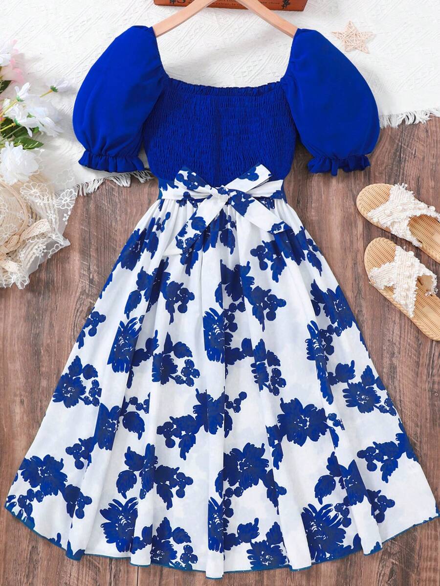 SHEIN Teen Girls Floral Print Puff Sleeve Shirred Dress - Blue and White - View 1