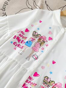 Young Girl Vacation Casual Fashion Woven Short Sleeve Shirt Dress - White - View 4