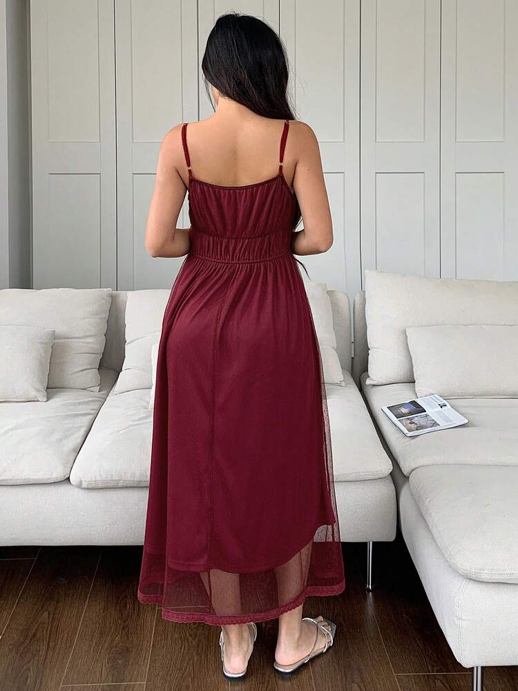 Women's Polka Dot Mesh Waist Design Lace Panel Camisole Nightgown Pajama Red Women Dresses