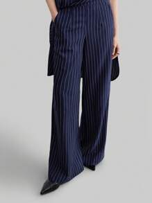Ontre 2 件套海军蓝条纹吊带背心和阔腿裤，都市休闲风格女士无袖长裤套装，条纹面料搭配，2025 年春夏新品 - 藏蓝色 - 查看 5