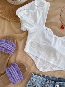 Soleia 全新褶皱胸部纹理针织开叉设计女式衬衫，适合春假、圣帕特里克节、复活节女士、音乐会女士、优雅、度假、商务休闲女士、西部、可爱、波西米亚风、乡村、端庄、街头服饰、热带、辣妹、花卉、露背 - 白色 - 查看 5