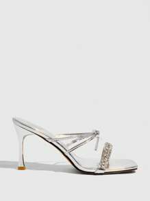 CUCCOO SZL Women Silver Bow Crystal Chain Square Toe Thin Heel High Heels Sandals, Sexy Elegant Party Shoes For Clubbing, Music Festival - Silver - View 8