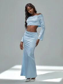 SHEIN Unity 2 件套女士纯色缎面短款宽松上衣和高腰直筒长裙 - 藍色 - 查看 7