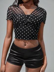 SHEIN Unity Fashionable Sexy Polka Dot Print Twisted Cropped T-Shirt. Summer For Women - Black - View 7