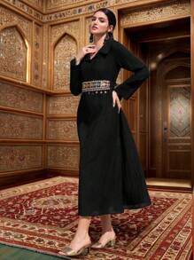 Al Najma Women's Solid Color Patchwork Long Sleeve Simple Casual Long Arabian Dress