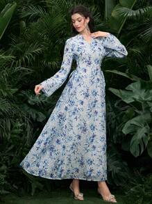 Al Najma 女式 V 领长袖花卉印花休闲阿拉伯连衣裙 - 藍色 - 查看 3