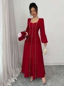 Modelyn 女士优雅珍珠缀饰方领纹理编织连衣裙，春夏