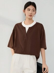 Dazy-Less Loose Business Casual Color Block Short Sleeve T-Shirt For Women Summer Old Money Style Oversized T-Shirt