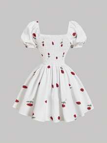 SHEIN MOD Women's Rose Print Puff Sleeve Dress,Tea Party Dress,Date Night Dress Women,Summer Tops Dress,Vacation Outfits Woman,Summer Dress Vacation,Beach Outfits For Woman,Concert Outfit Women - White - View 2