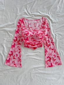 Soleia Blouse pour femmes, vacances, romantique, Saint-Valentin, col carré rose, plissée, manches évasées, teinture, impression papillon, filet