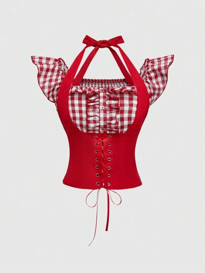 Fairycore Camisa de mujer 2 en 1 a cuadros estilo rural Y2K