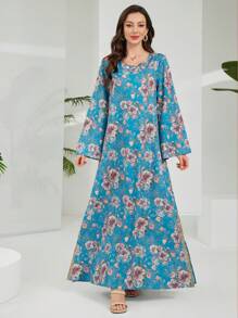 Lacomfia Vintage Floral Print Loose Crew Neck Side Split Gold Embroidery Long Sleeve Dress