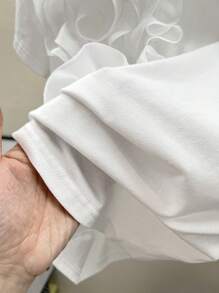 SHEIN Leap Crew Teen Girls' Spring & Summer White Knit Patchwork Loose Elegant Floral Decor Casual T-Shirt, Suitable For Resort Wear - White - View 6