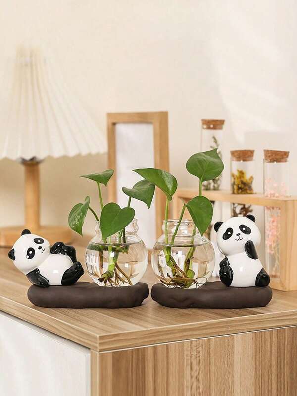 SHEIN 1pc Panda Glass Hydroponic Vase - Stylish Transparent Flower Container For Home Decor - Perfect Tabletop Accent For Living Room, Bedroom & Special Occasions Like Easter, Mother's Day, And Weddings