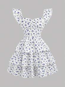 Girlism Tween Girls Ditsy Floral Print Ruffle Trim Ruched Bust Two Layer Hem Dress, Back-To-School Outfit, Cute, Holiday Family Outdoor Spring Picnic Everyday Wear, Suitable For Various Occasions Holiday Outfits - Blue and White - View 2