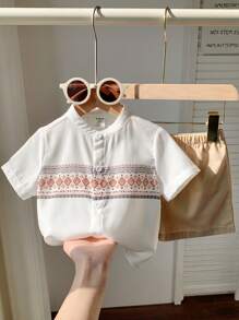 SHEIN Leap Crew 2pcs Toddler Baby Boy/Girl Casual Folk Pattern Print Linen Comfortable Short Sleeve Stand Collar Shirt & Shorts Set Suit For Outing, Holiday, School, Home, Spring/Summer - Khaki - View 6