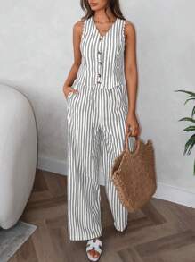 SHEIN LUNE Conjunto de 2 piezas para mujer: Chaleco a rayas azul y blanco y pantalones - Gris - Ver 1