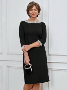 Miaspire Vestido negro de longitud media elegante con decoración de rhinestones, adecuado para trabajo/primavera/verano