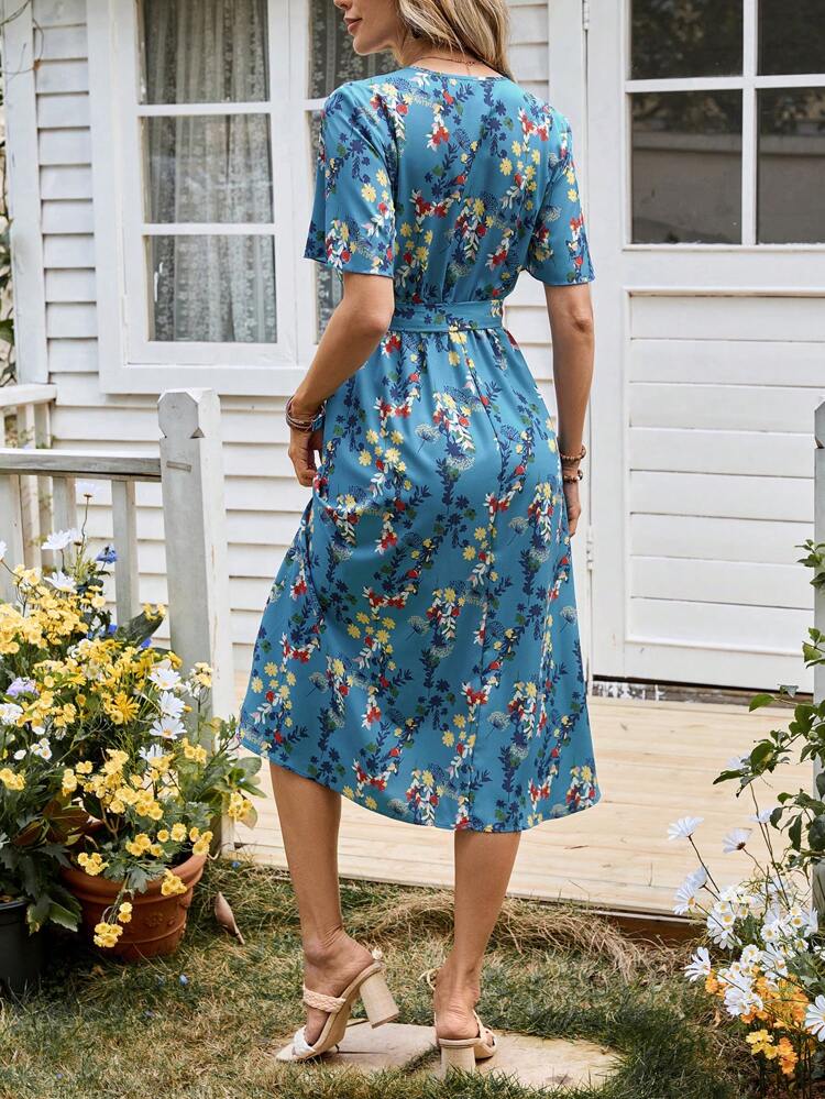 Women V-Neck Short Sleeve Floral Allover Print Casual Dress