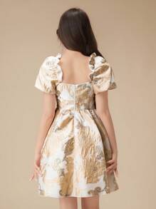 伴娘花卉印花泡泡袖 A 字短裙，适合少女、婚礼、联欢会、生日派对和典礼 - 香檳色 - 查看 2