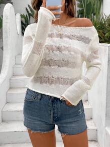 Breezaya Women Asymmetric Neckline Hollow-Out Lightweight Long Sleeve Knit Top Knit Pullover Fall Winter Sweater