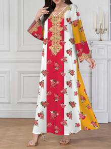 Al Najma 女士花卉印花 V 领长袖阿拉伯连衣裙，素雅长袍 - 彩色 - 查看 5