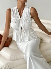 SHEIN Essnce Débardeur plissé décontracté femme de couleur unie avec nœud devant sans manches