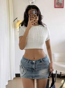 Chiquease Casual Fitted Hem Round Neck Short Sleeve Textured Knit Top, Spring Autumn