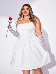 SHEIN CURVE+ 加大码褶皱吊带背心，白色紧身胸衣春季连衣裙，情人节连衣裙 - 白色 - 查看 6