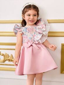 SHEIN Baby Girl 2pcs Set Fitted Cute Round Neck Ruffle Cap Sleeve Shirt And Mini Skirt - Pink - View 2