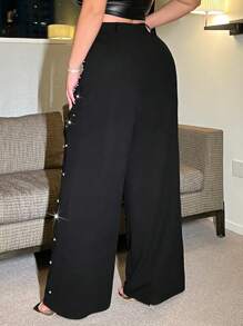 NU&NOW 大码钻石和珍珠缀饰渐变针织裤 - 黑色 - 查看 3