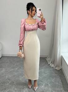 Modelyn Women's Mixed Fabric Jacquard Pink Floral Long Sleeve Bodycon Elegant Dress