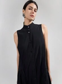 Ontre Robe décontracté ample et confortable à boutons devant sans manches, couleur unie, style urbain chic, convient pour le trajet domicile-travail - Noir - Voir 6