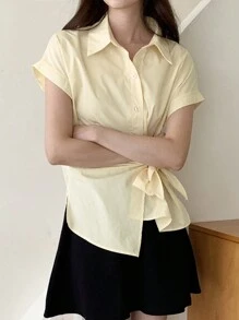 DAZY Women's Solid Color Loose Turndown Collar Short Sleeve Blouse, Yellow, Spring/Summer - Yellow - View 3