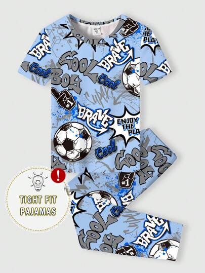 SHEIN 2 件套青少年男孩休闲卡通图案短袖 T 恤和裤子贴身家居服套装，适合春夏季