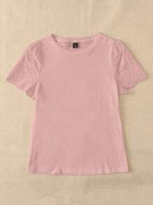 EMERY ROSE Solid Eyelet Embroidery Scallop Trim Tee - Baby Pink - View 3