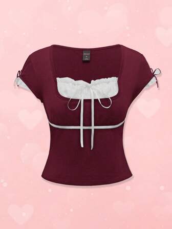 Kawaii Camiseta de mujer con estilo de ballet, cuello de corazón, encaje burdeos, parche y manga abullonada de bloque de color para el Día de San Valentín