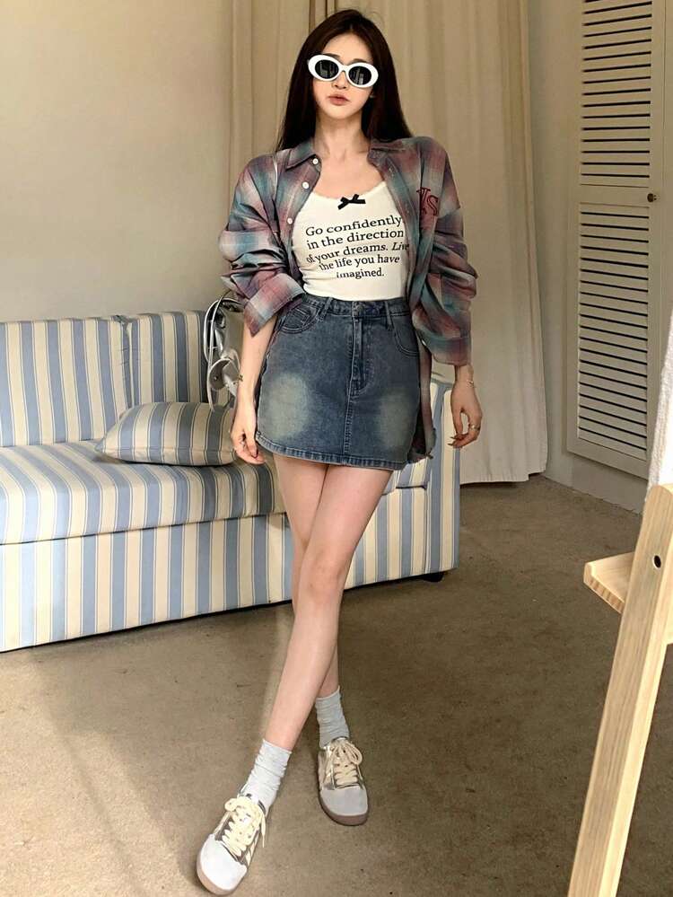 Women's Denim Skort With Pockets, Casual Design,Skorts Jorts