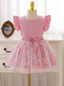 SHEIN Glamorique Kids 2 件装年轻女孩优雅盖袖上衣和刺绣网眼蝴蝶结装饰裙套装，适合派对、聚会、郊游、度假、夏季 - 粉色 - 查看 3