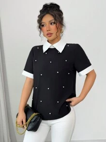 Elenzga Women's Colorblock Studded Collar Short Sleeve Blouse, Spring/Summer