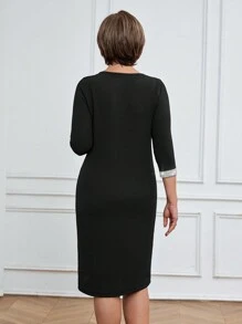 Miaspire Vestido negro de longitud media elegante con decoración de rhinestones, adecuado para trabajo/primavera/verano