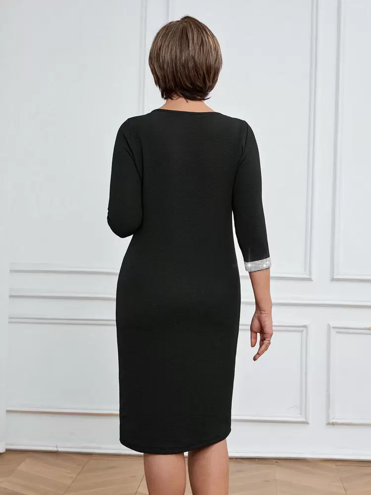 Elegant Mid-Length Black And Silver Dress For Women,Rhinestone Decor Autumn Elegent Party Dress,Suitable For Office Work,Spring & Winter Outfits