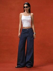 LYSMO Women's Simple Front Button Pocket Dark Blue Loose Wide Leg Jeans