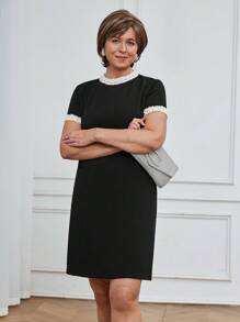 Miaspire 女士休闲串珠带领设计圆领短袖黑色迷你连衣裙，春夏日常穿着 - 黑色 - 查看 4